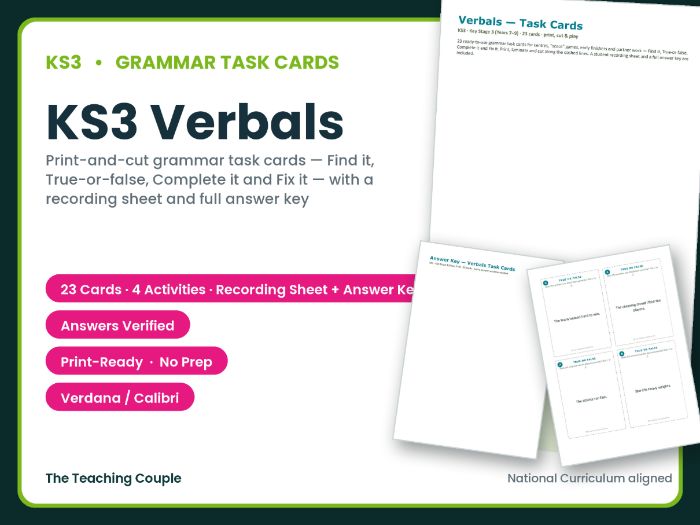 KS3 Verbals Task Cards – 23 Grammar Cards + Answer Key
