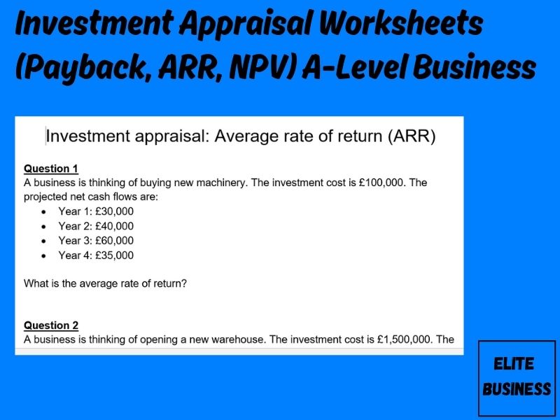 Investment Appraisal Worksheets (Payback, ARR, NPV) A-Level Business