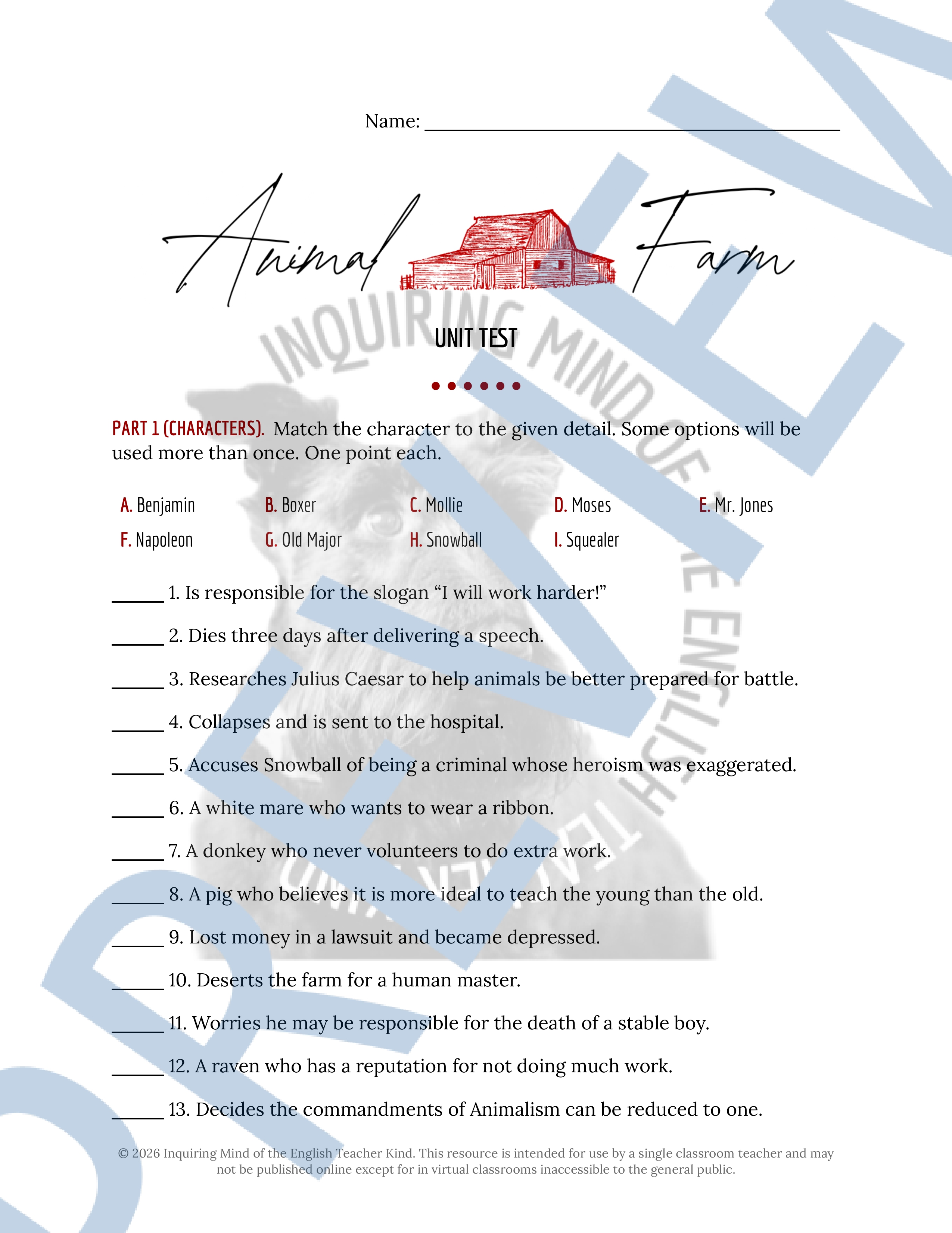 Animal Farm Test and Answer Key with Study Guide and Essay Rubric ...