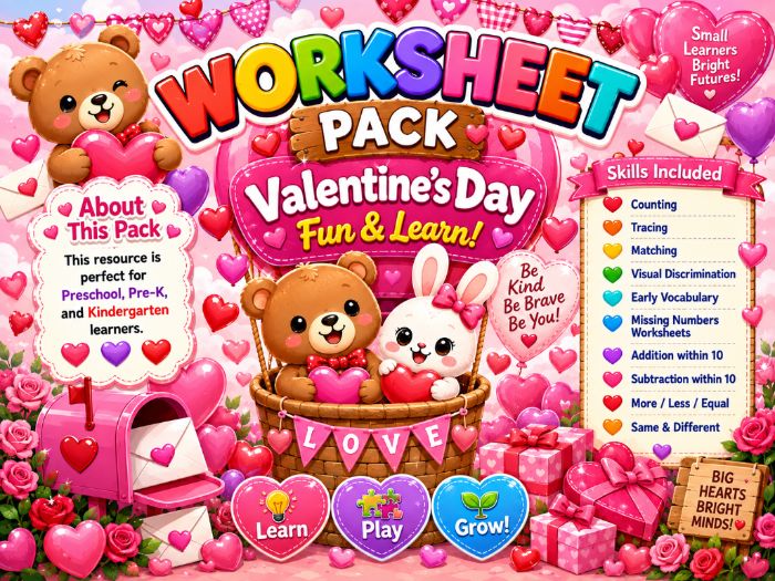 Valentine’s Day Worksheets | Preschool Math & Early Learning Activities | Pre-K Kindergarten