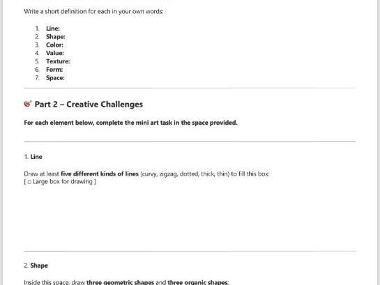 The Elements of Art – Creative Exploration Worksheet