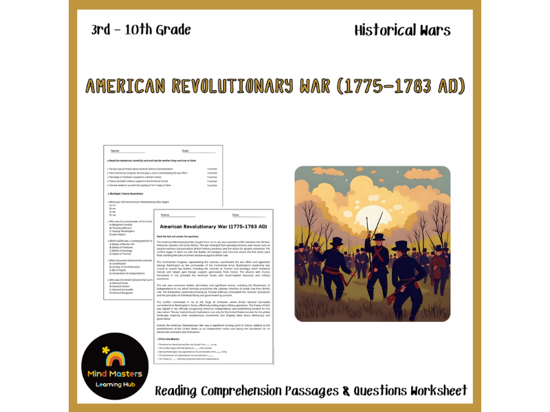 American Revolutionary War (1775–1783 AD) Reading Comprehension ...