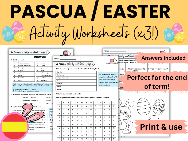 Spanish Easter/Pascua Activity worksheets (x3!): comprehension, wordsearch & more!