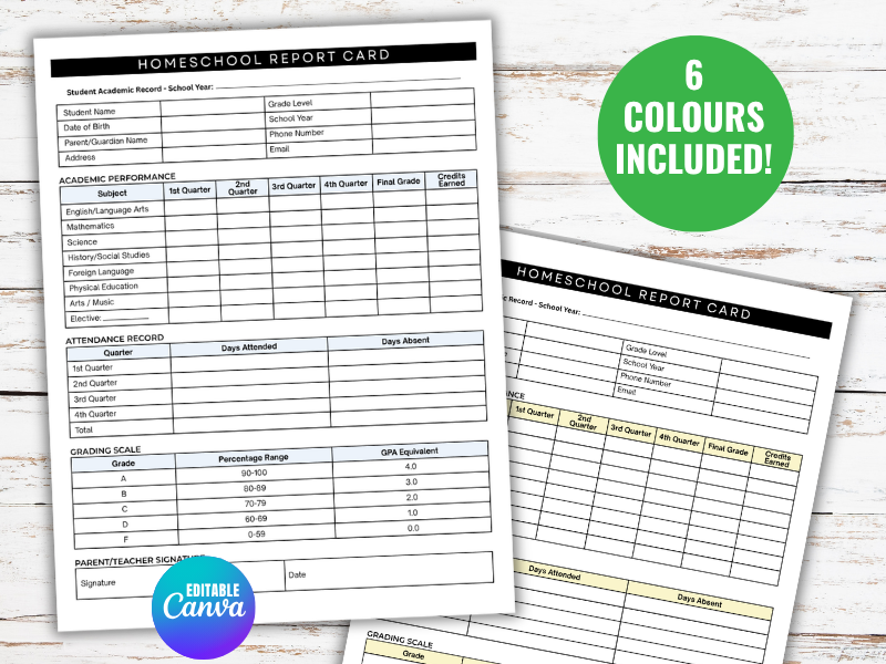 Editable Homeschool Report Card Template, Fillable Student Progress Report, School Transcript