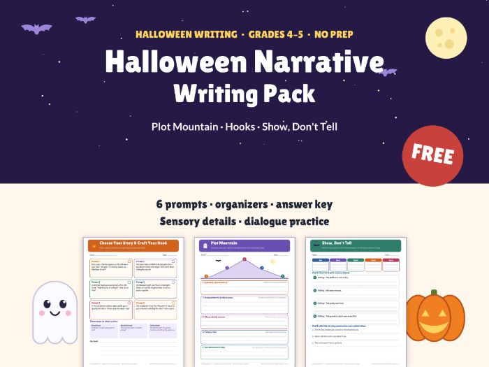 FREE Halloween Narrative Writing | Plot Mountain, Hooks, Show Don't Tell | Grades 4-5