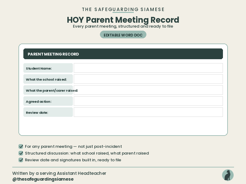 HOY Parent Meeting Record Structured Template for Any Parent Meeting (Editable Word)