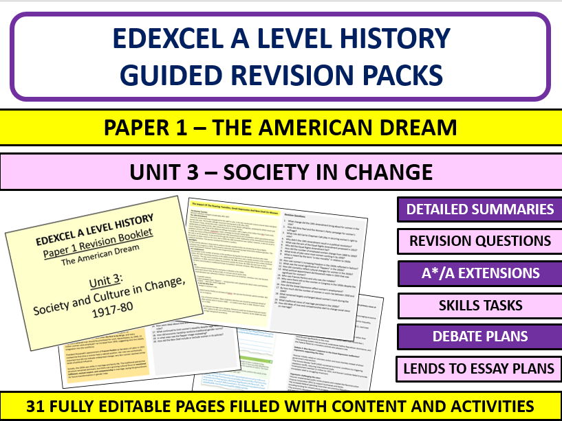 A Level History Edexcel The American Dream Unit 3 Revision Pack – Society and Culture in Change