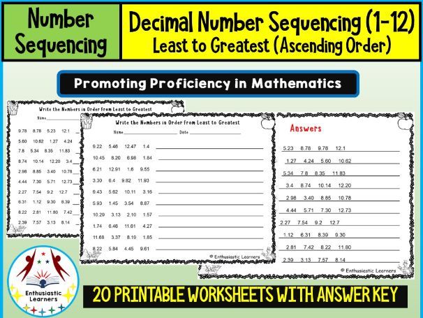 Decimal (up to 2 Decimal Points) Number Sequencing (1-12) – Least to Greatest (Ascending Order) Work
