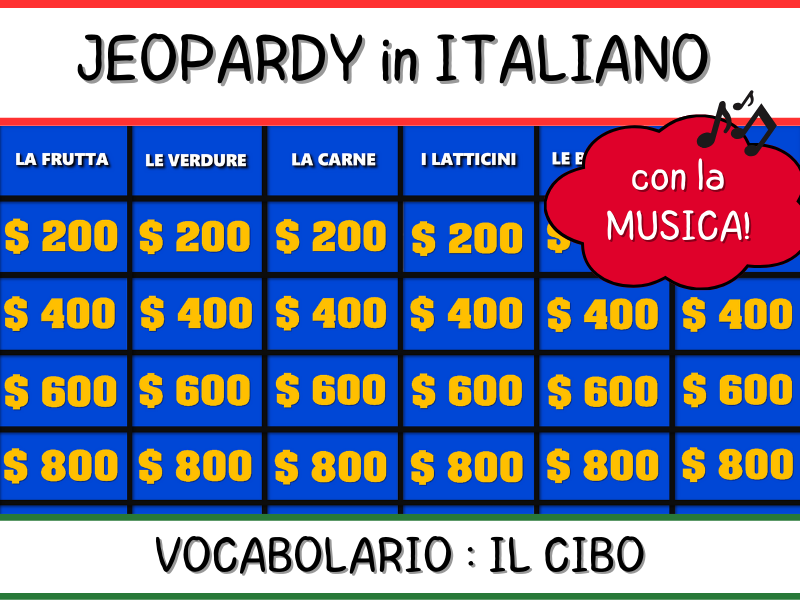Italian Food Jeopardy - Vocabolario : IL CIBO - Vocabulary PPT with music