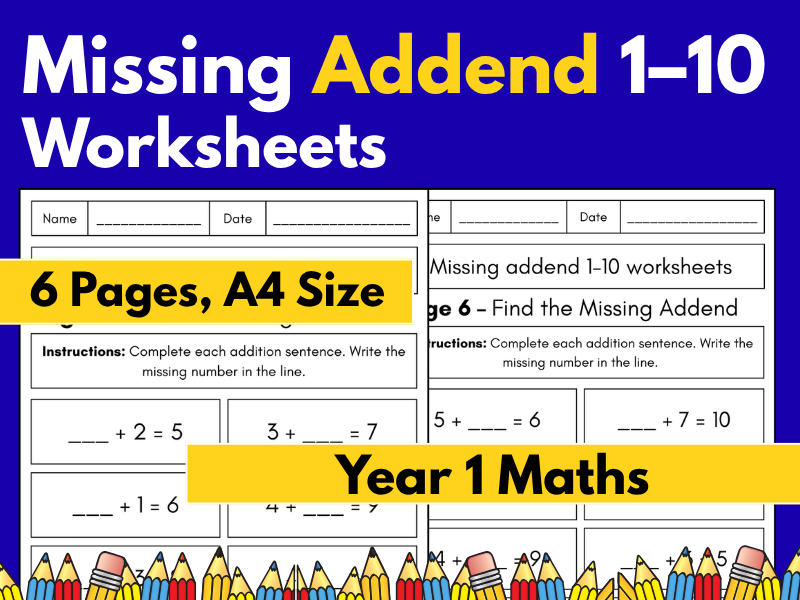 Missing Addend 1–10 Worksheets | Addition to 10 | Year 1 Maths