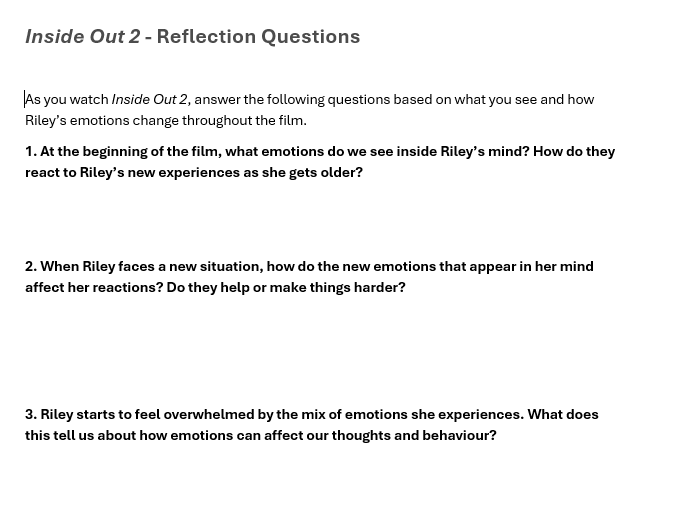 KS3 PSHE – Inside Out 2 Reflection Questions (Mental Health & Wellbeing)