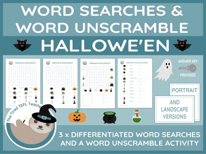 ESL Hallowe'en Differentiated Word Searches and Word Unscramble
