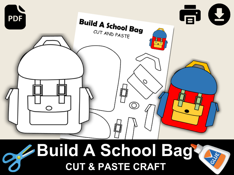 School Bag Craft for Kids | Back to School Activity | Cut & Paste Worksheet | Coloring | PDF