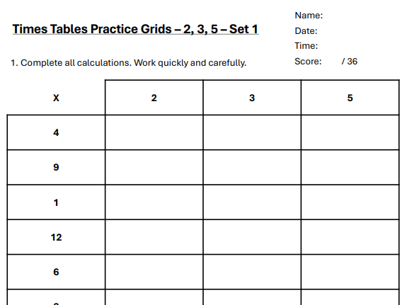 Times Tables Grids (2, 3, 5) - Sets 1-12