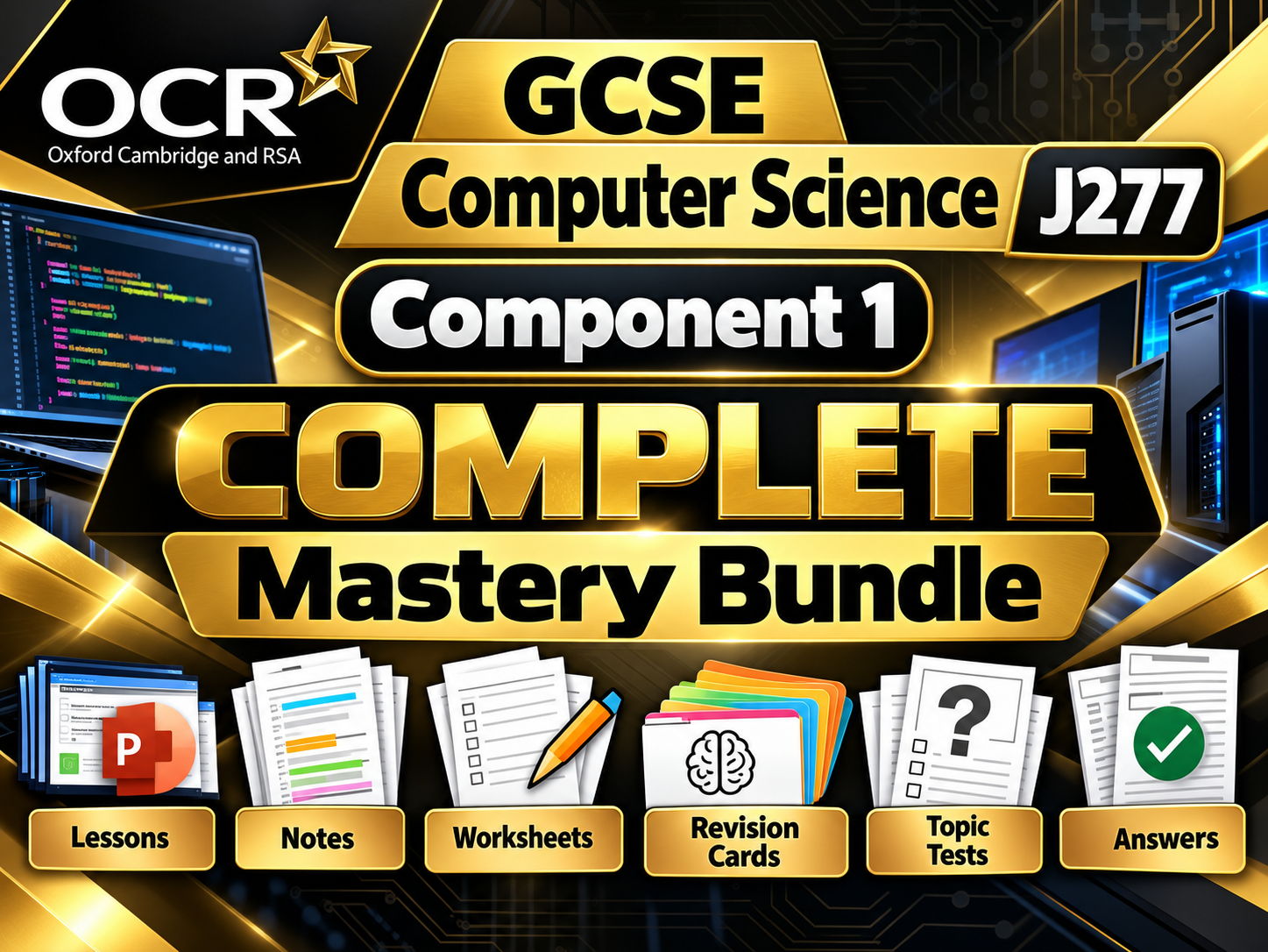 OCR GCSE Computer Science J277 Component 1 COMPLETE Mastery Bundle | Lessons, Notes, Worksheets, Revision Cards, Topic Tests & Answers Copy title