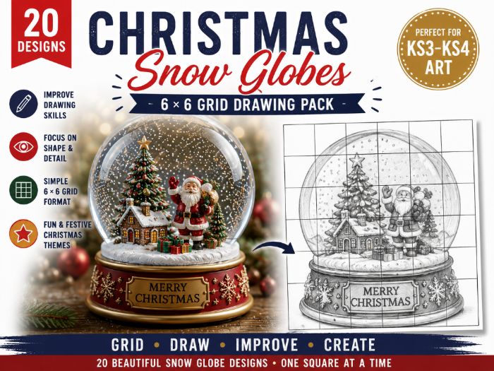 Christmas Snow Globes Grid Drawing Worksheets | 20 Festive 6×6 Drawing Activities | KS3 KS4 Art