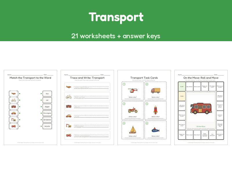 Transport | 21 No-Prep Worksheets + Answer Keys | Ages 5-7
