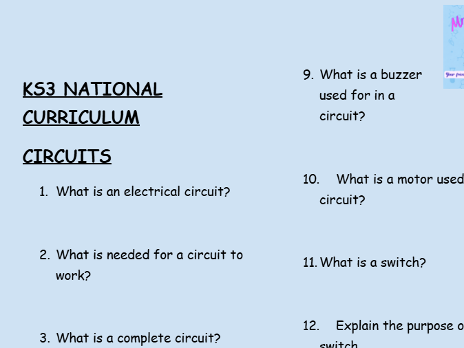KS3 Circuits Revision Worksheets | 30 Questions & Answers | PDF Download