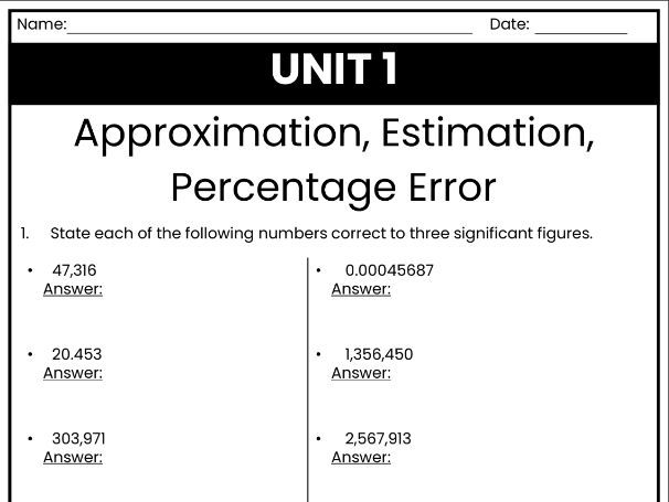 IB Math AI Worksheet 1.6 - Approximation, Estimation, and Percentage Error