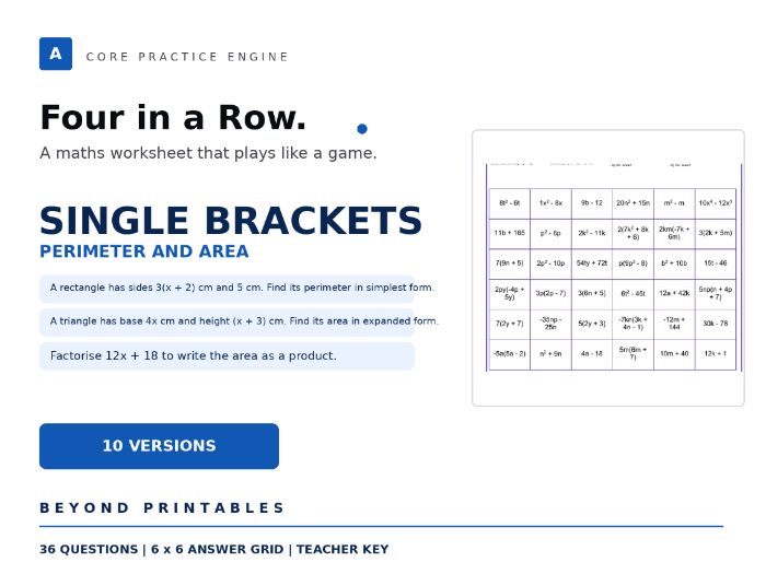 Single Brackets Four in a Row | Perimeter and area | Level 28 | 10 Maths Games