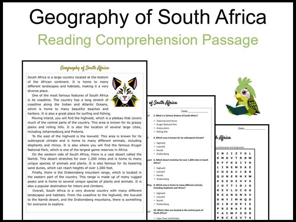 Geography of South Africa Reading Comprehension and Word Search
