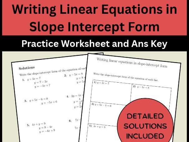 Writing Linear Equations in Slope Intercept Form Practice Worksheet and Ans Key