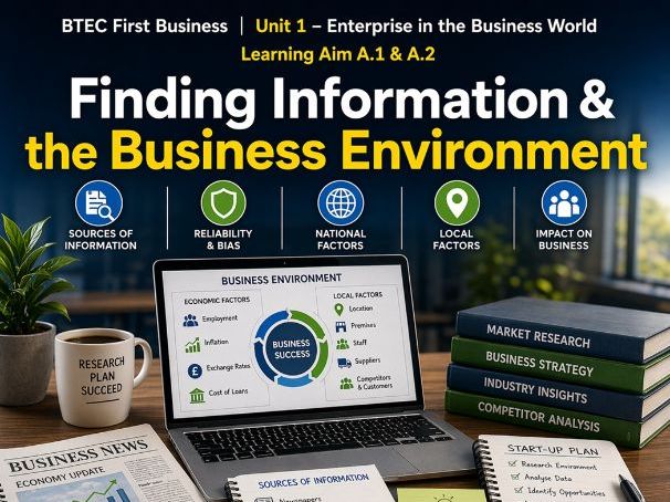 BTEC First Business Unit 1 | A.1 & A.2 | Finding Information & Business Environment | Lesson Pack