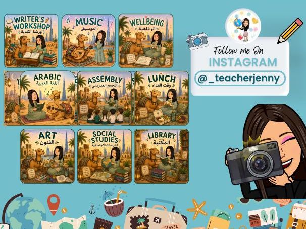 UAE Visual Bitmoji Timetable Cards English & Arabic Primary Classroom Display
