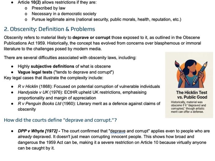 A Level Law: Human Rights - Notes on Obscenity (WJEC/OCR/AQA)