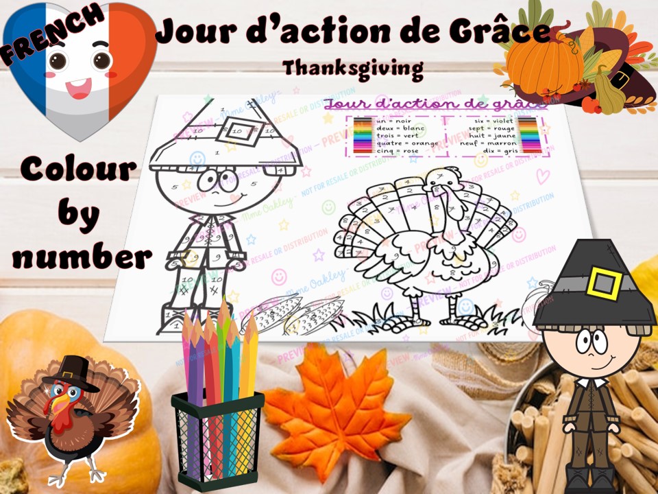 Le jour d'action de Grâce | Thanksgiving | French | Colour by number