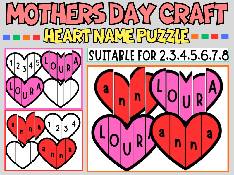 Mothers Day Craft Cutting Practice Bulletin Board Editable Heart Name Letters Puzzles Keepsake