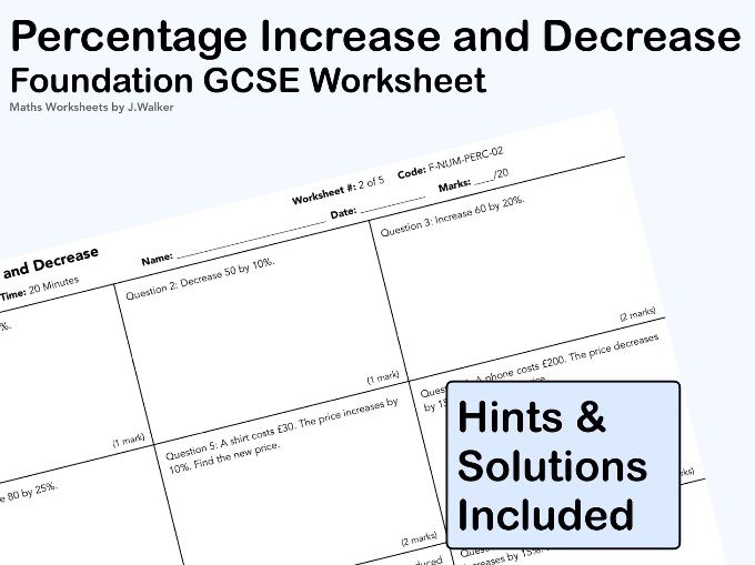GCSE Maths Worksheet:  Percentage Increase and Decrease - Foundation Tier