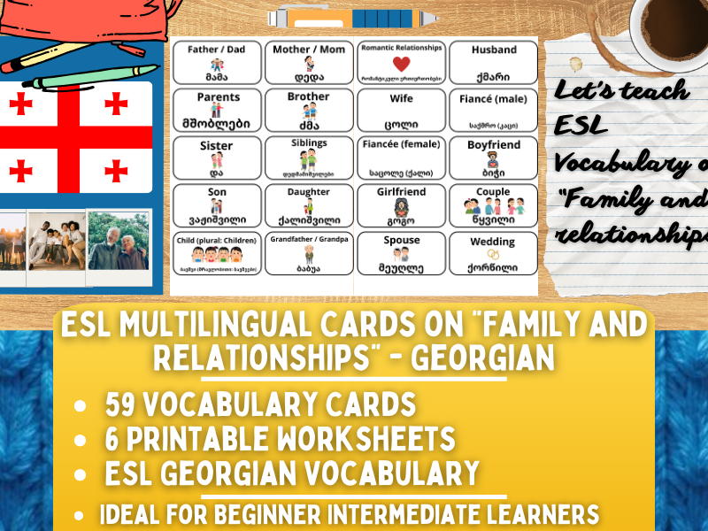 ESL Multilingual Vocabulary Flashcards on "Family and Relationships" - Georgian