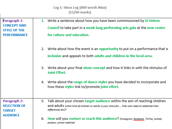 Component 3 Logs Btec Tech Award in Performing Arts (Dance, Musical Theatre & Drama) Upgraded Pack