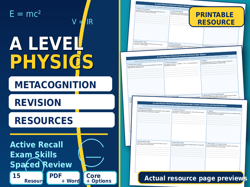 A Level Physics Retrieval Practice Revision Mats | Metacognition, Active Recall & Exam Skills