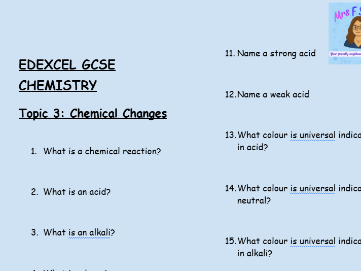 GCSE Edexcel Chemistry – Chemical Changes Worksheet (30 Low-Stakes Questions + Answers)