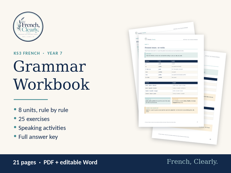 KS3 French Year 7 Grammar Workbook – Articles, Adjectives, Verbs & Questions