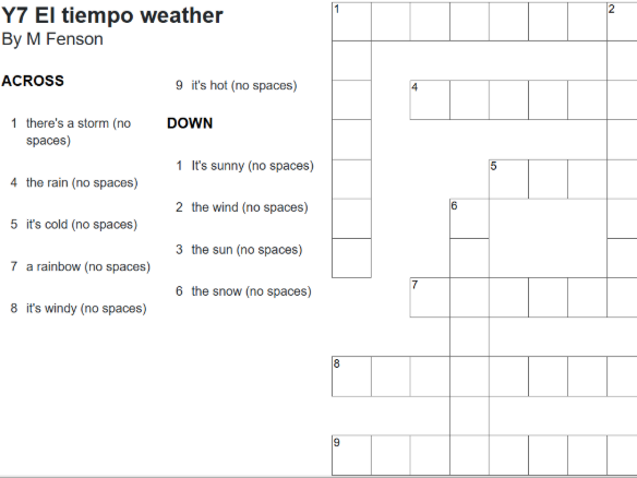 Spanish weather crossword puzzle for ks3