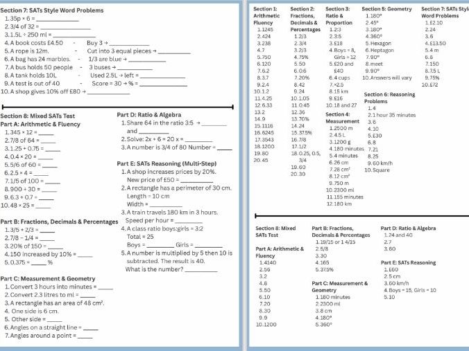 SATS/Maths/Revision/Arithmetic/Fractions/Percentages/Measurement/Reasoning/Practice/Year 6/KS2/Maths