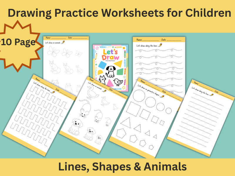 Let’s Draw: Lines, Shapes and Animals Activity (PDF Worksheets for Kids)