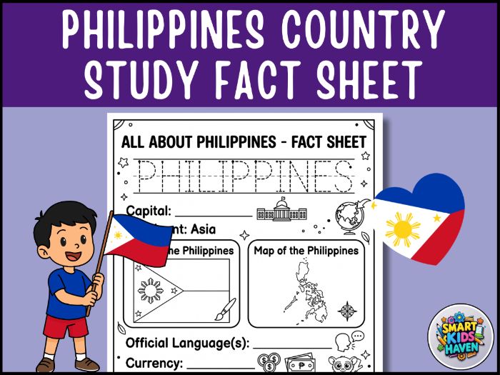 Philippines Map and Flag Country Study Research Project Worksheet Geography.