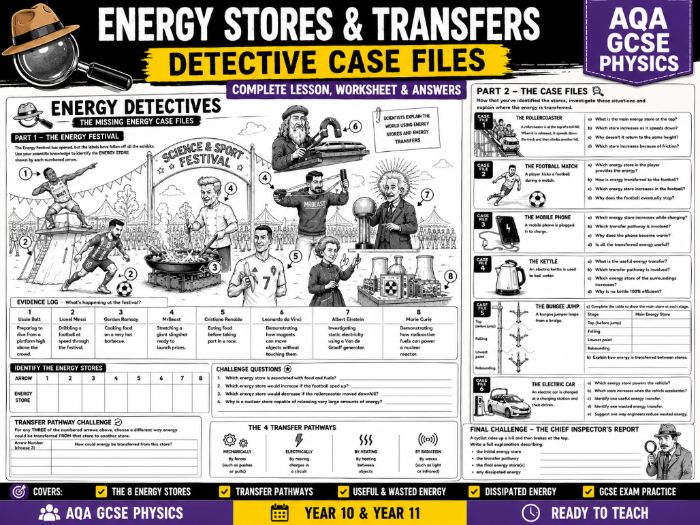 Energy Stores & Transfers: Detective Case Files Lesson, Worksheet & Answers (AQA GCSE Physics)