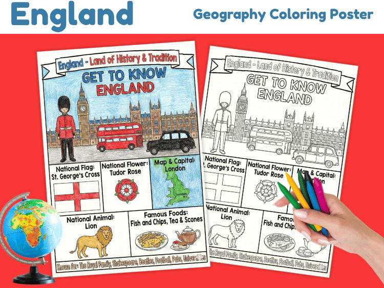 England Geography Coloring Poster | Country Facts Printable Worksheet