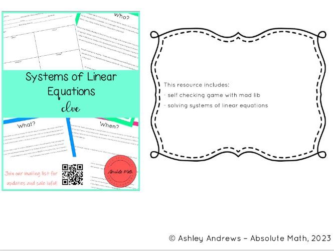 Systems of Linear Equations Clue | Teaching Resources