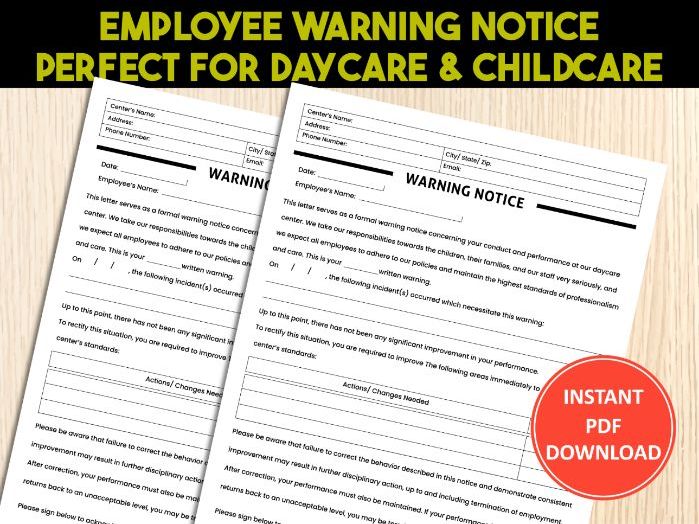 Staff Warning Notice Form | Employee Write Up Letter For Daycare, Childcare, Preschool