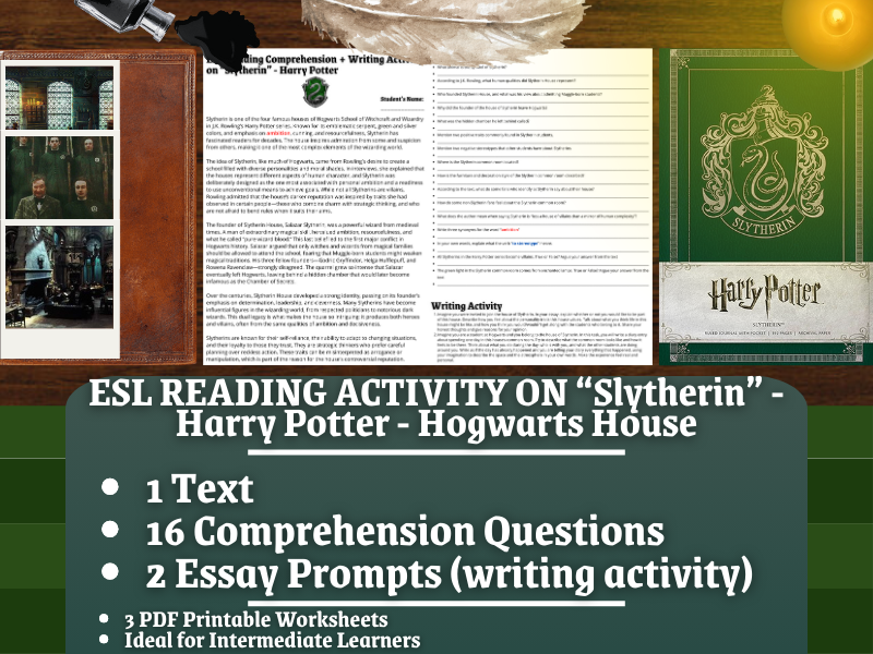 ESL Reading Comprehension + Writing Activity - Slytherin - Harry Potter - Hogwarts House
