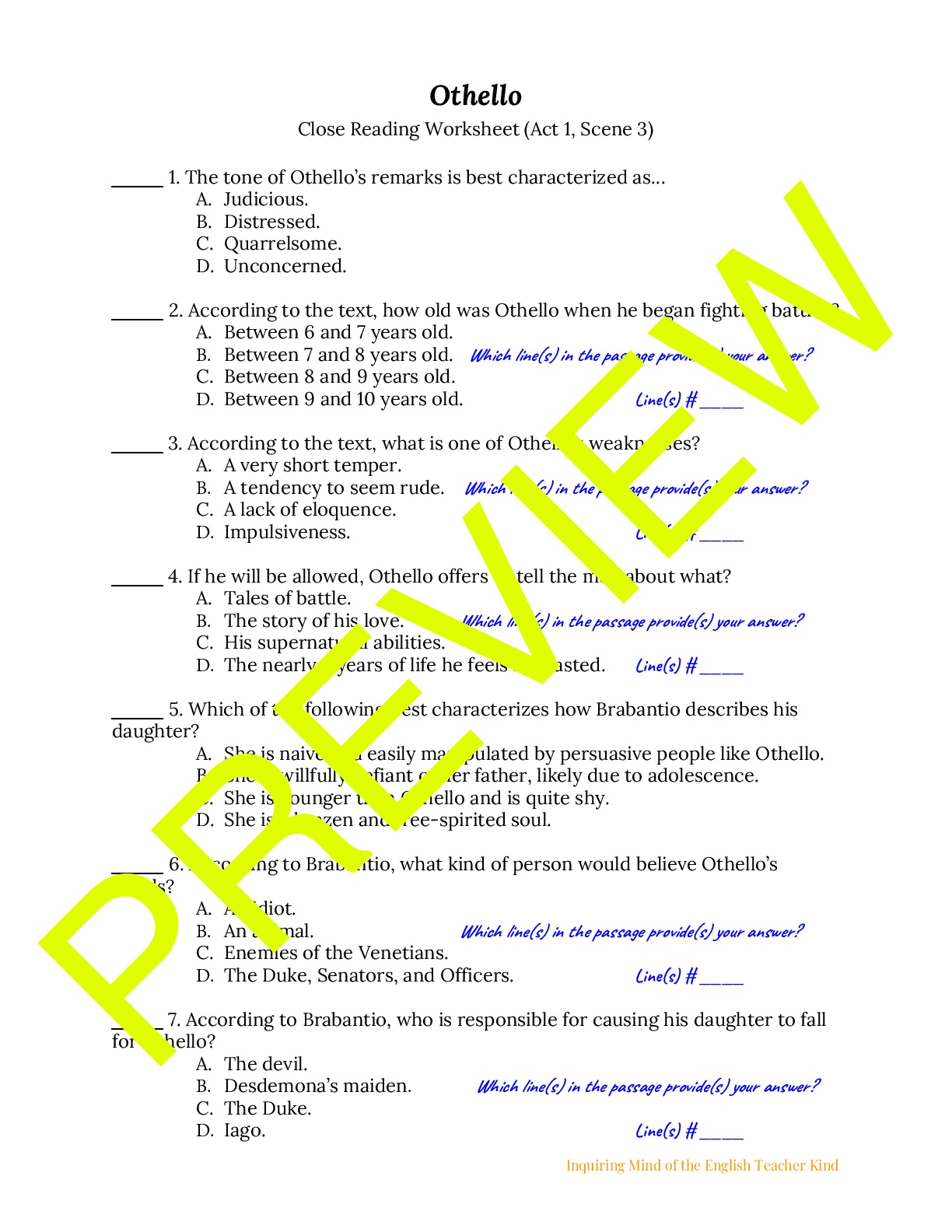 Othello Close Reading Worksheet Act 1 Scene 3 Teaching Resources Othello Close Reading Worksheet Act 1 Scene 3 Teaching Resources