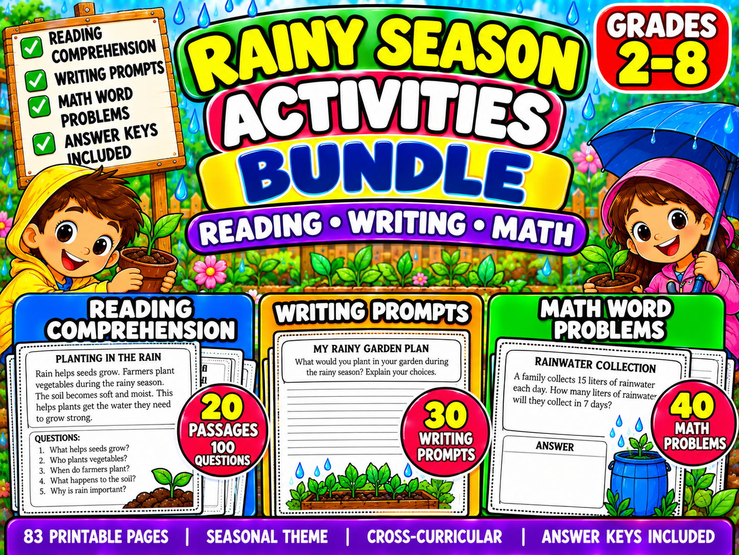 Rainy Season Activities Bundle | Reading Comprehension, Writing Prompts and Math