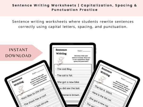 Sentence Writing Worksheets | Capitalization, Spacing & Punctuation Practice