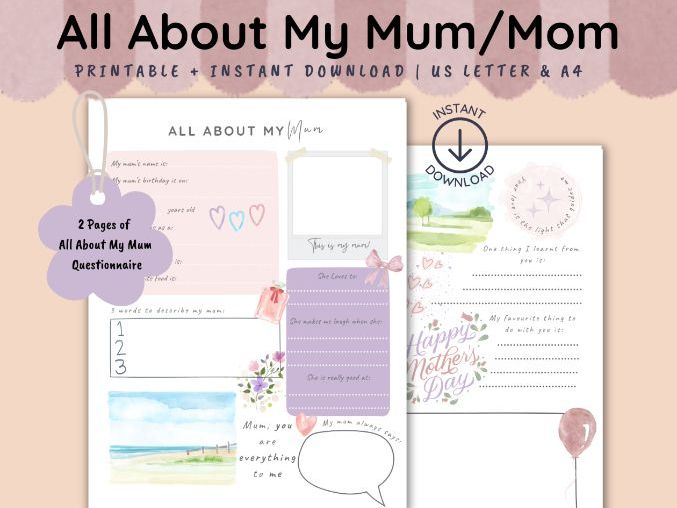 Mother's Day Activity, All About My Mum Questionnaire Interview, Kids Activity Worksheet, Keepsake